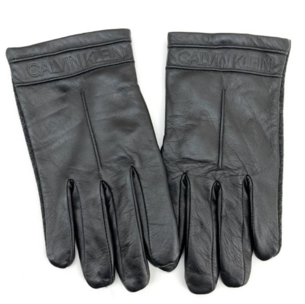 Calvin Klein Men's Black Leather & Wool Gloves Size Small